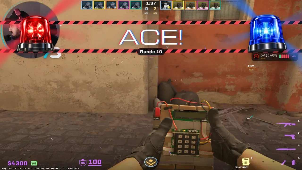 Ace celebration on stream: sirens, “ACE!” and “Round 10” over CS2 gameplay