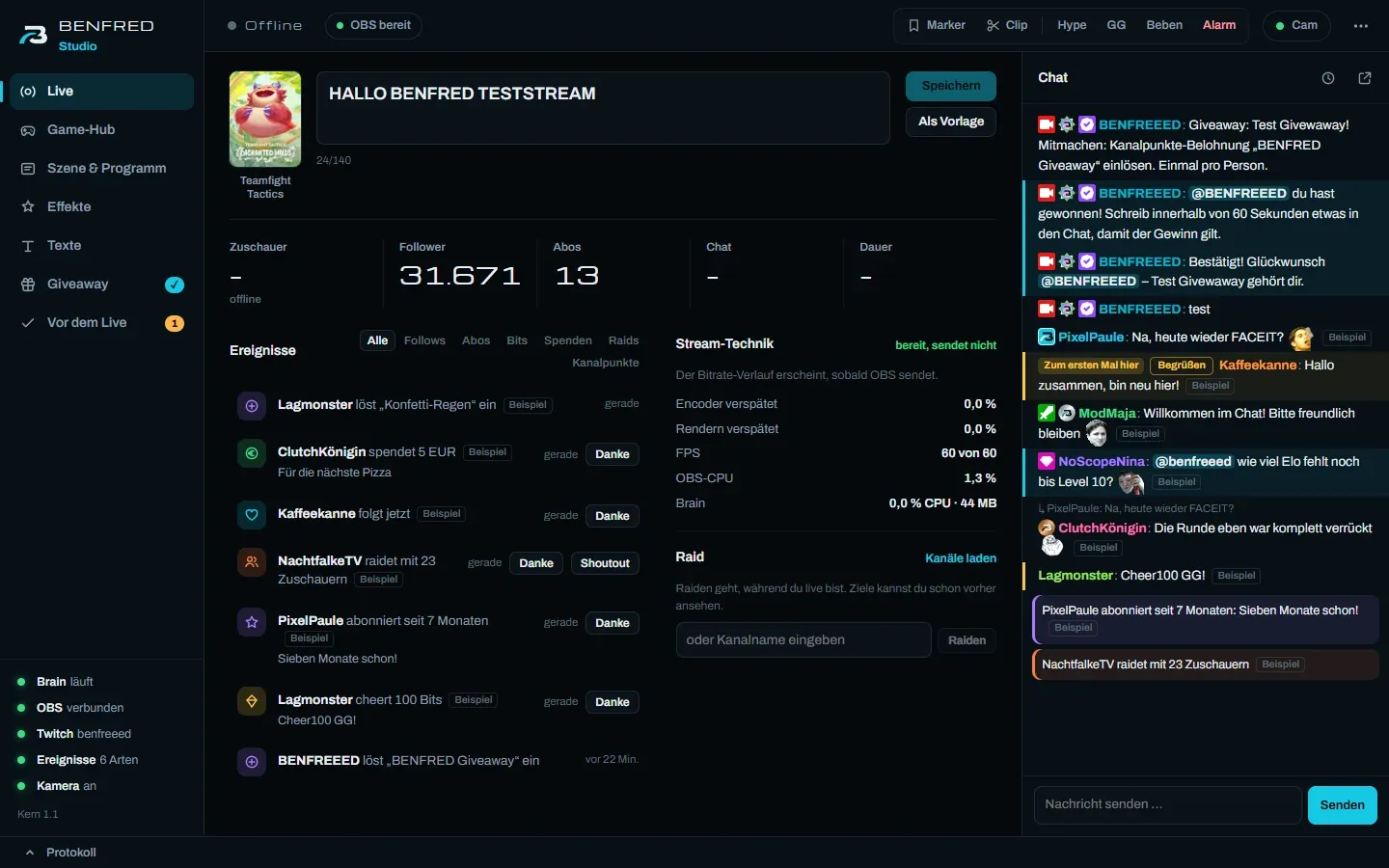 Live dashboard in BENFRED Studio: channel, events with thank-you button, chat with moderation and stream tech