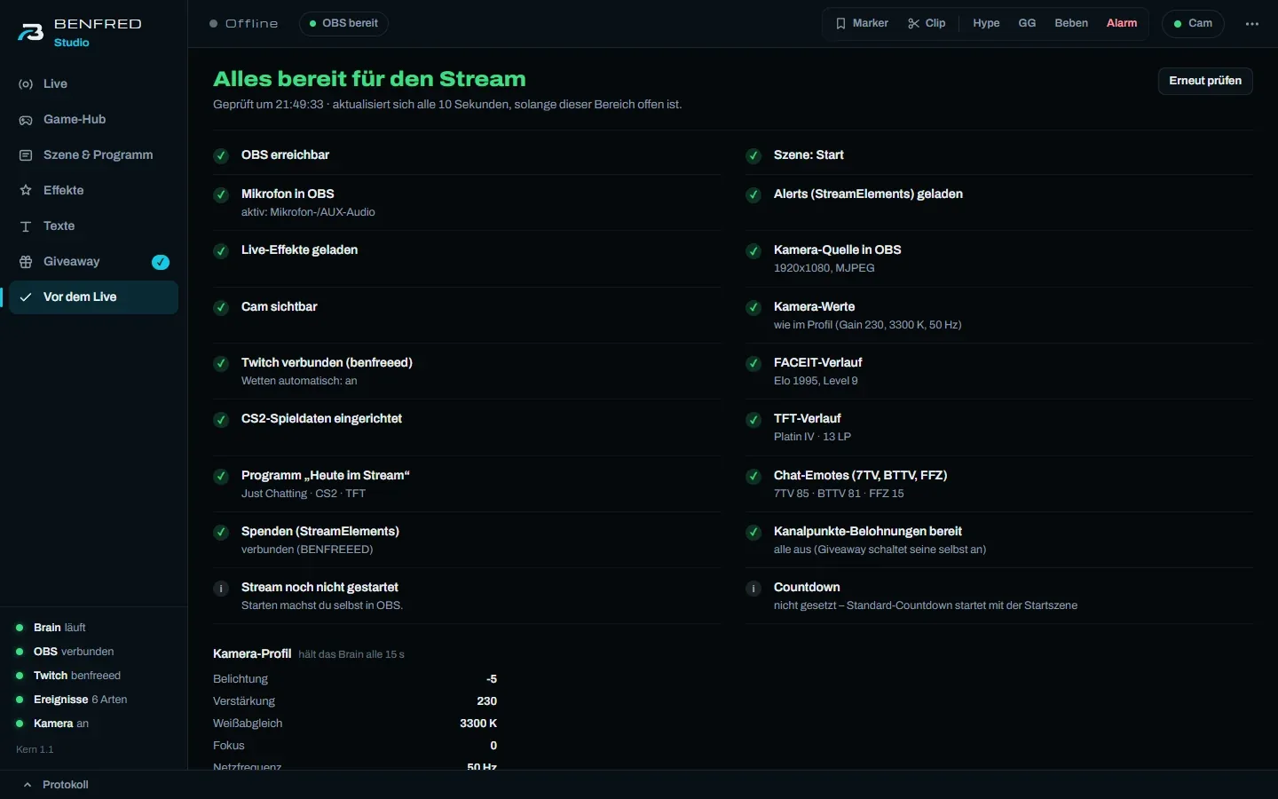 Pre-live check in BENFRED Studio: everything ready for the stream